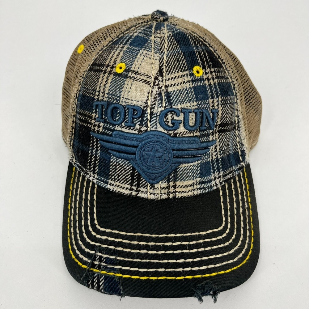 Top Gun Flying Legend Mens Plaid Distressed Trucker Hat Blue Tan Mesh Cap OSFM